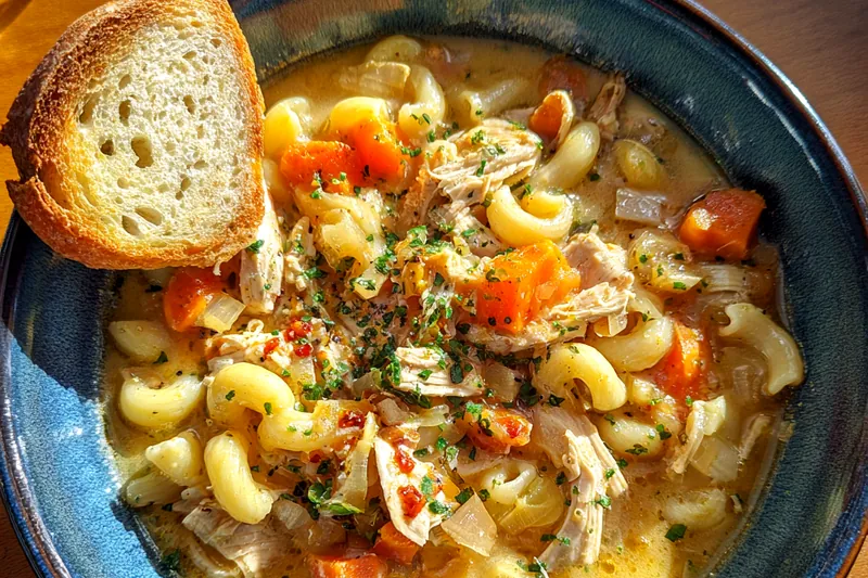 Ingredients for Comforting Chicken Soup including chicken, vegetables, and spices laid out on a kitchen counter.