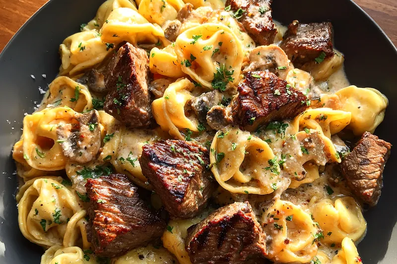 A chef stirring the creamy sauce for Cozy Creamy Steak Pasta.