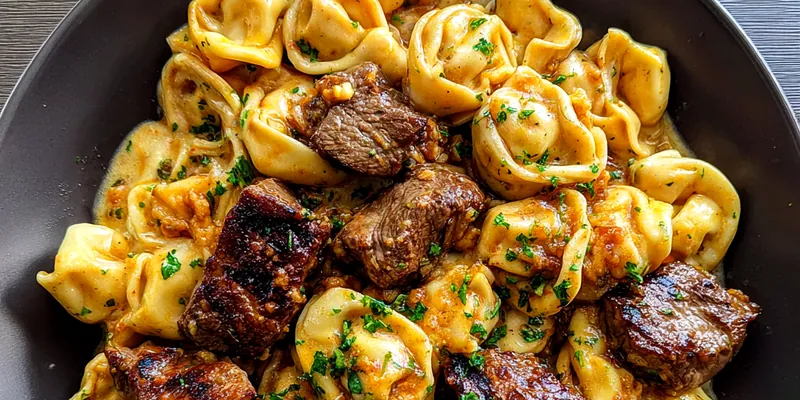 A delicious serving of Cozy Creamy Steak Pasta garnished with fresh basil and cherry tomatoes.