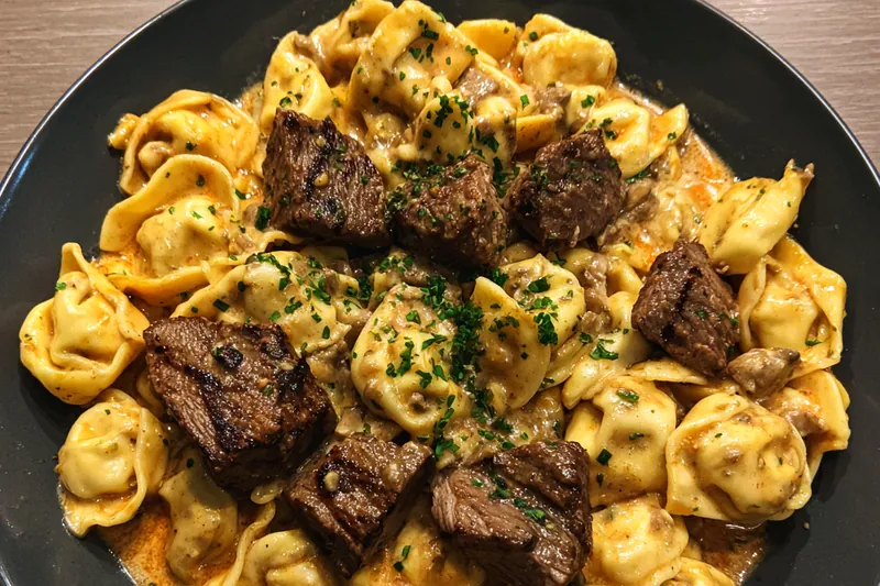 Fresh ingredients for Cozy Creamy Steak Pasta including steak, pasta, and vegetables.