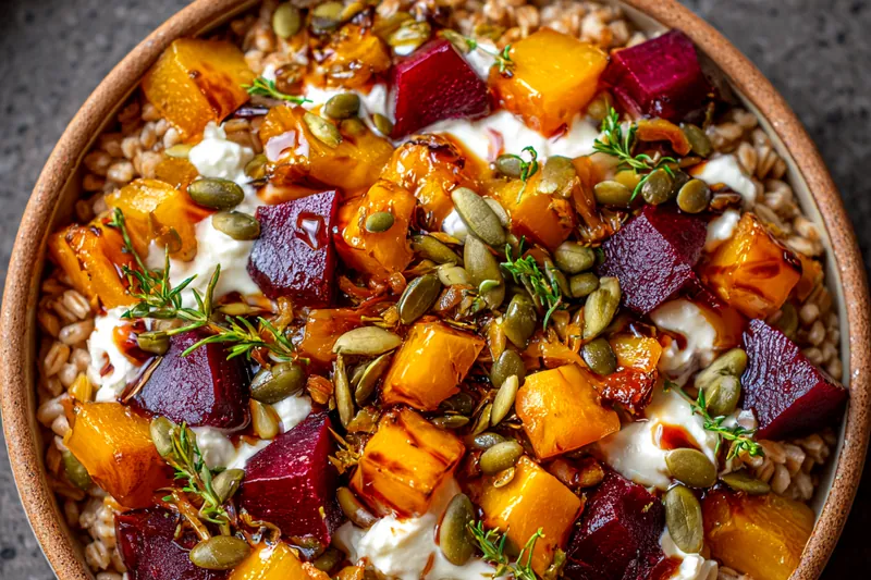 Chef stirring the Hearty Winter Vegetable Bowl in a pot, showcasing the colorful vegetables.