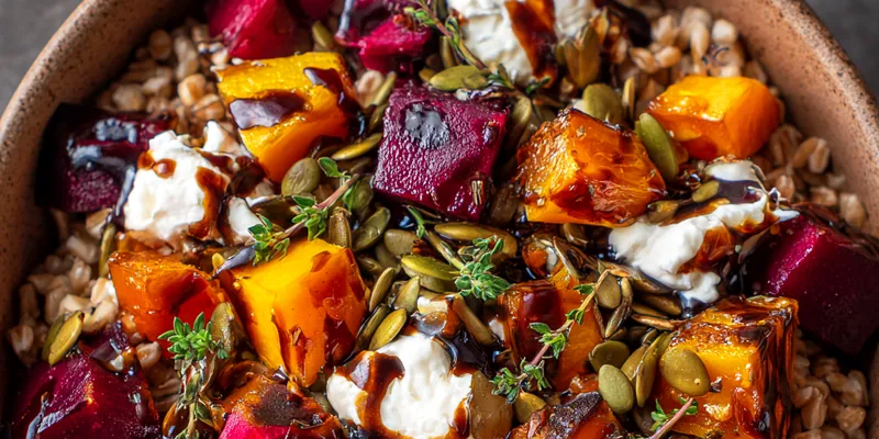 A beautifully plated Hearty Winter Vegetable Bowl with vibrant vegetables and quinoa.