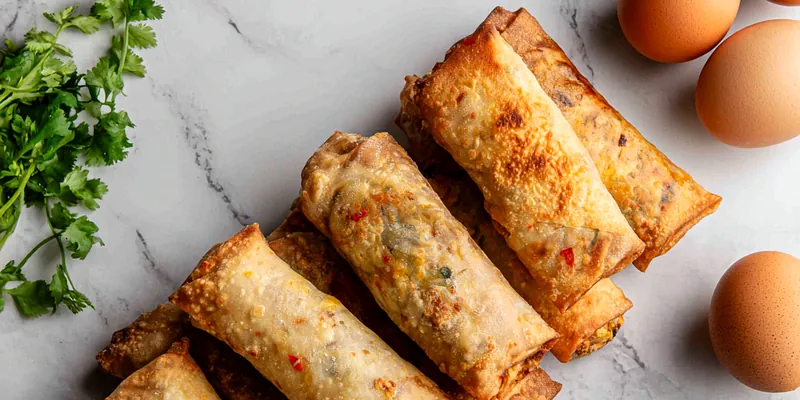 Golden brown crab cake egg rolls served with spicy dipping sauce