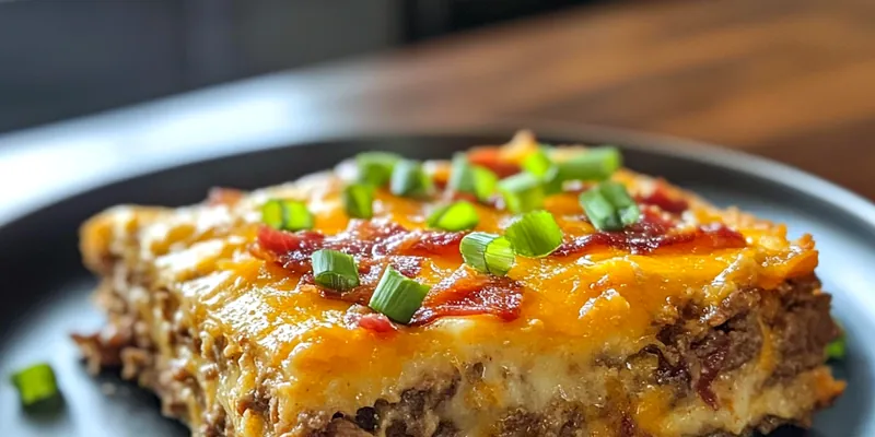 A delicious Savory Breakfast Casserole Delight baked to golden perfection with cheese melting on top.