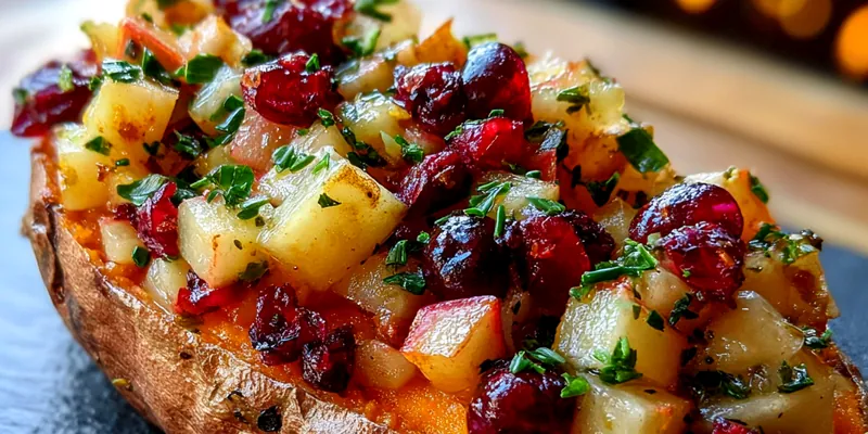 A beautifully presented dish of Cranberry Apple Potatoes garnished with fresh parsley, showcasing vibrant colors from cranberries and apples.