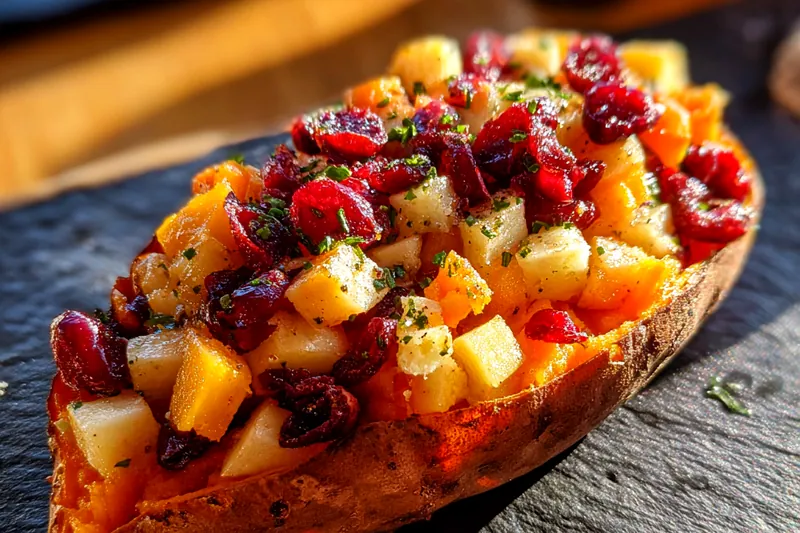 A colorful arrangement of fresh ingredients for Cranberry Apple Potatoes, including red potatoes, cranberries, and apples.