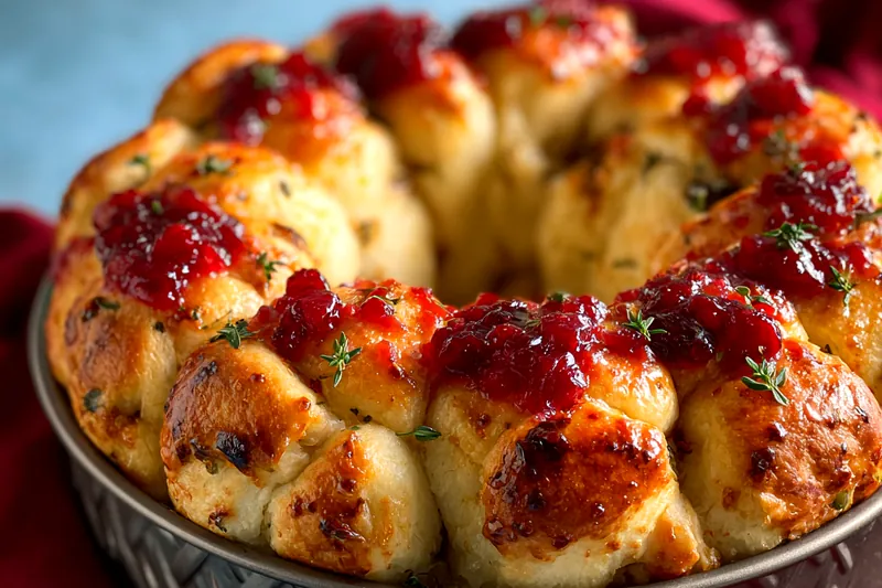 An assortment of ingredients laid out to make Festive Cranberry Brie Bread, including brie, cranberry sauce, bread, and walnuts.