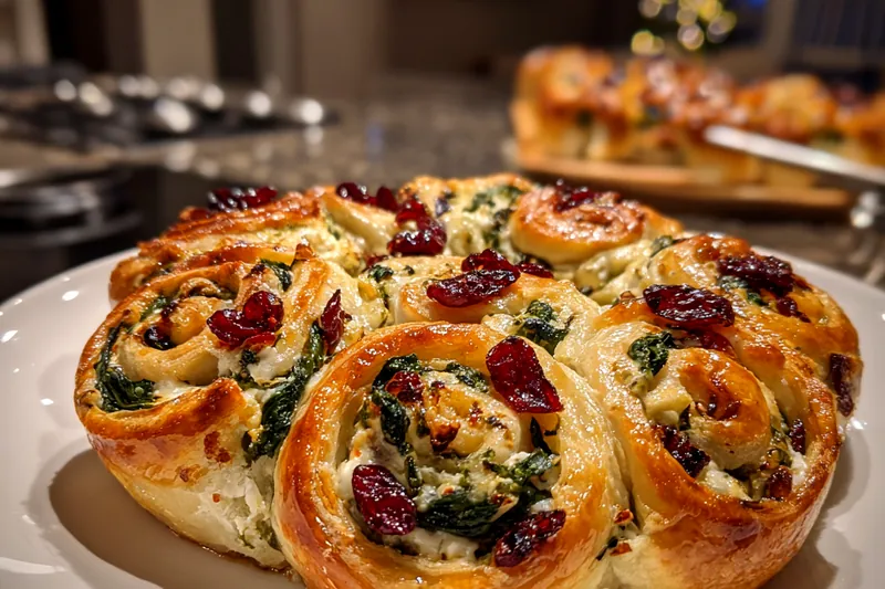 A chef demonstrates the rolling technique for Cranberry Feta Pinwheels, showcasing the filling inside the tortilla.