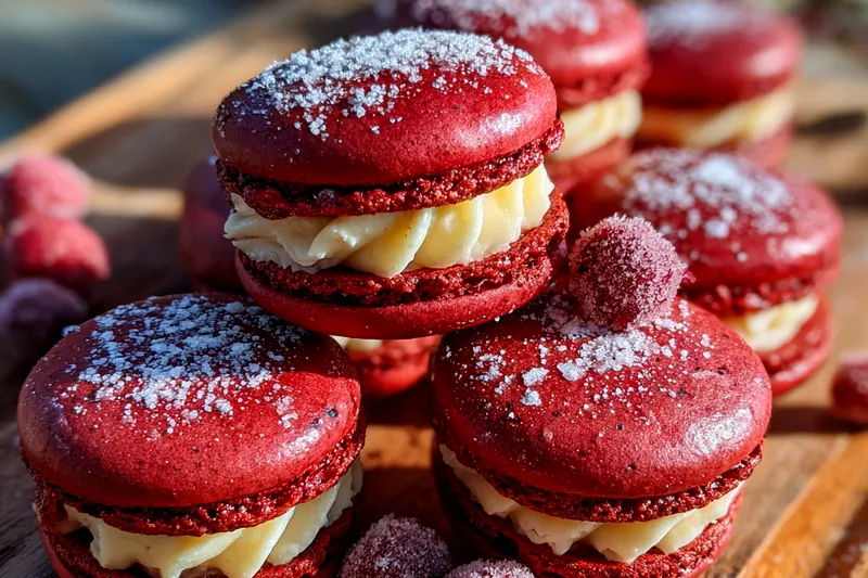 Step-by-step photo collage of the macaron-making process, showcasing ingredients, mixing, piping, and baking.