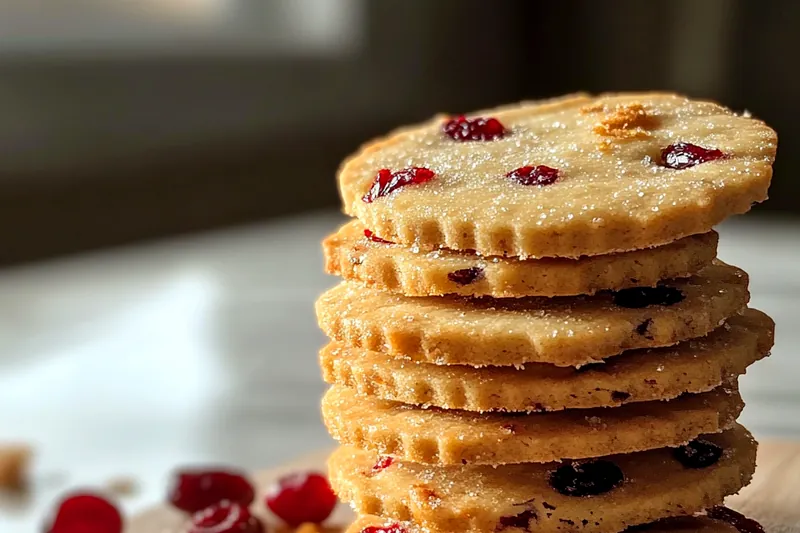 An attractive setup featuring the ingredients for Cranberry Orange Shortbread Delights, including butter, flour, and dried cranberries.