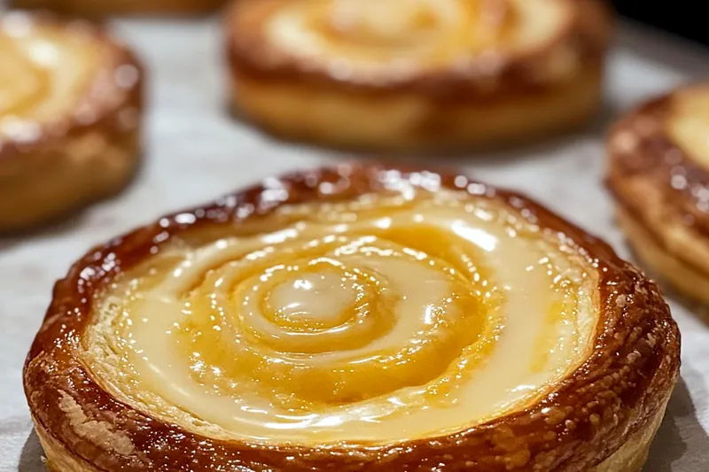 Freshly baked Cream Cheese Danishes placed on a wire rack cooling with a light sprinkle of powdered sugar.