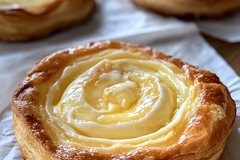 Ingredients for Delicious Cream Cheese Danish include puff pastry, cream cheese, powdered sugar, and fresh berries.
