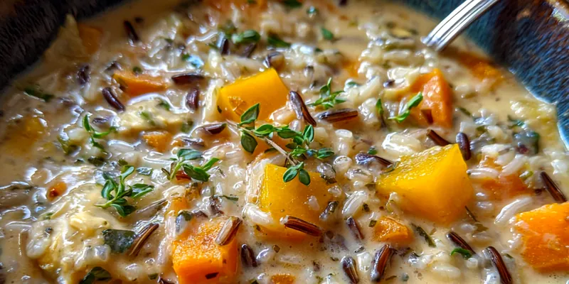 Delicious Creamy Autumn Wild Rice Soup served on a plate