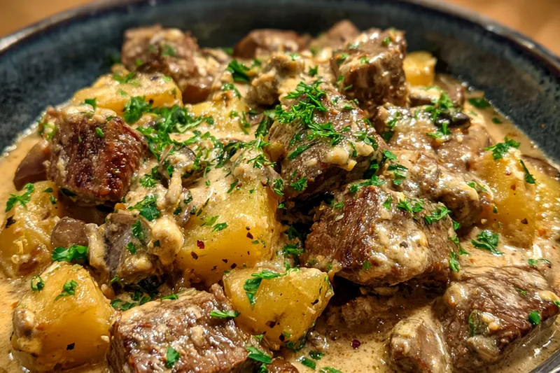 Chef Mitchell stirring the creamy sauce in a skillet while preparing Creamy Beef Stroganoff Delight.