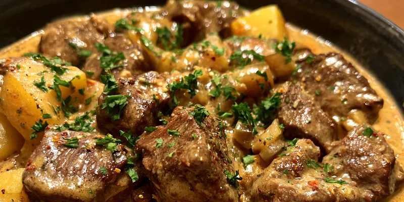 A delicious plate of Creamy Beef Stroganoff served over egg noodles, garnished with fresh parsley.