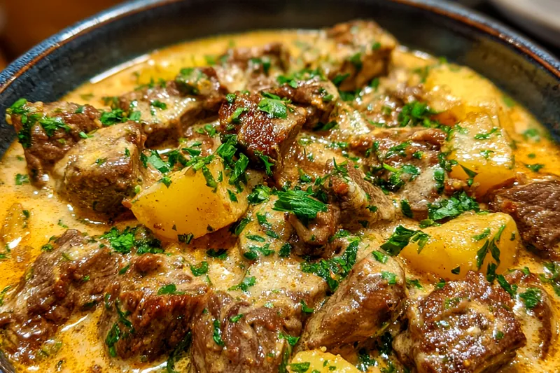 A neatly arranged display of ingredients for Creamy Beef Stroganoff Delight on a kitchen countertop.
