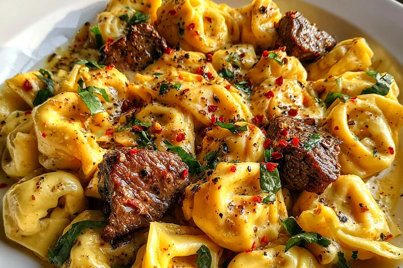 The cooking process of Savory Beef Tortellini, showcasing the creamy sauce being stirred together with the beef and vegetables.