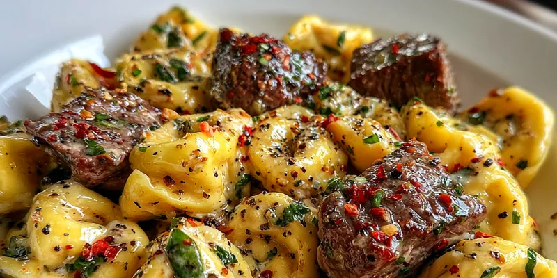 Savory Beef Tortellini beautifully plated with a creamy sauce and garnished with fresh basil and cherry tomatoes.