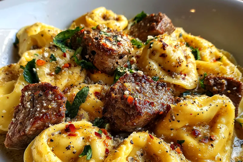 An array of fresh ingredients laid out for preparing Savory Beef Tortellini, including tortellini, beef, cream, and vegetables.