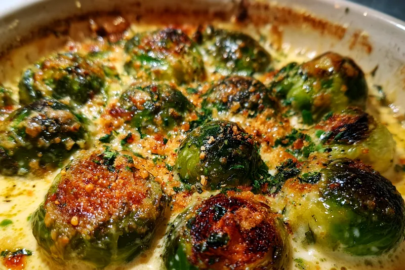 A close-up of Delicious Boursin Brussels Gratin being served on a plate.