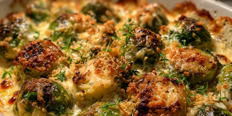 A beautifully baked Boursin Brussels Gratin with a golden crust in a ceramic dish.