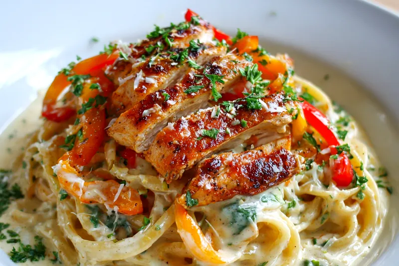 The cooking process of creamy Cajun chicken pasta in a skillet.
