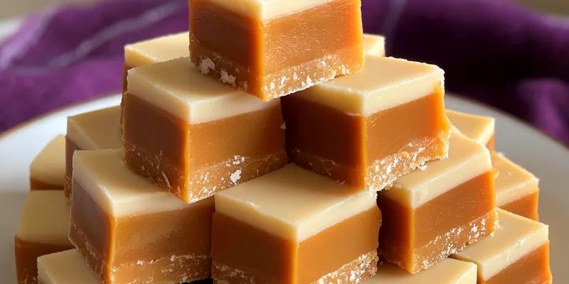Delicious Creamy Caramel Layered Fudge served on a plate