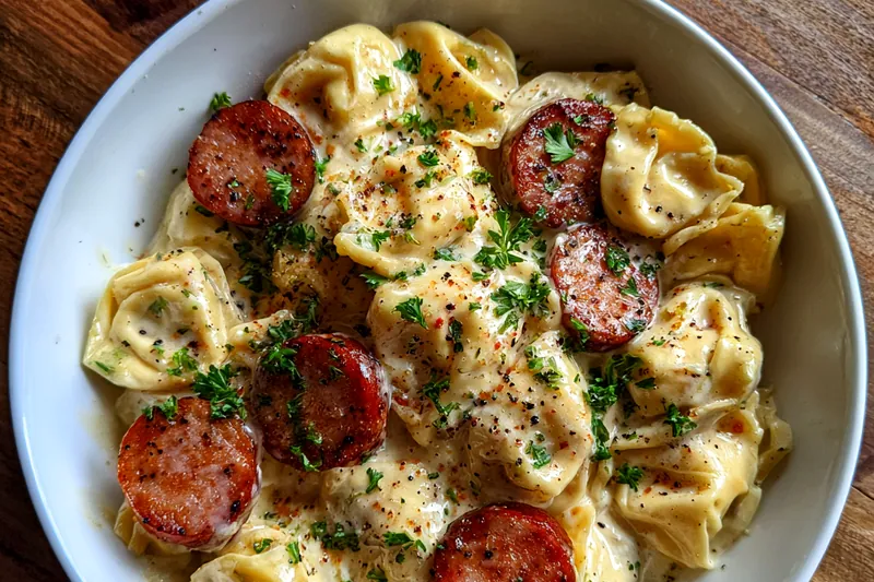 Cooking process of Creamy Cheesy Sausage Tortellini, showing the sausage browning in a skillet.