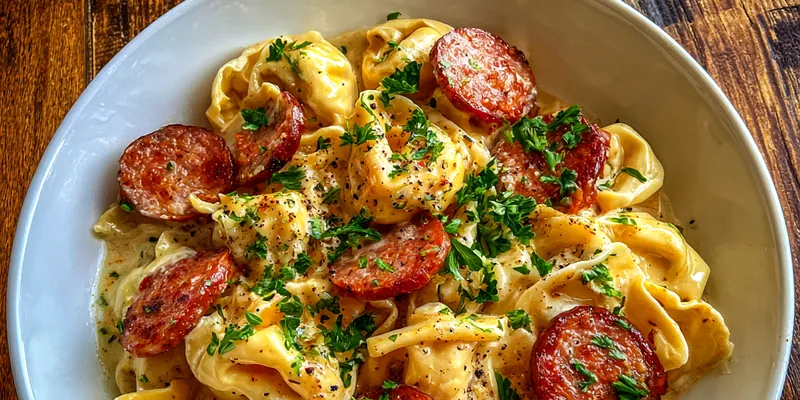 A bowl of Creamy Cheesy Sausage Tortellini topped with fresh parsley and grated Parmesan cheese.