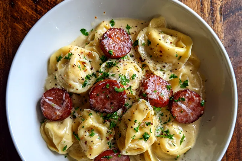 Fresh ingredients for Creamy Cheesy Sausage Tortellini, including tortellini, sausage, and fresh spinach.