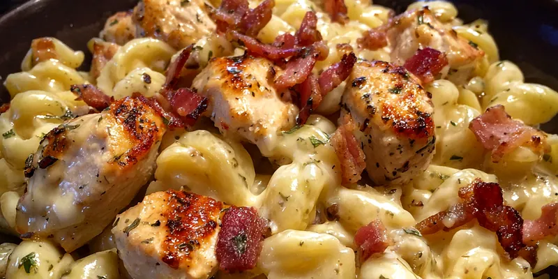 Delicious Creamy Chicken Bacon Pasta served on a plate