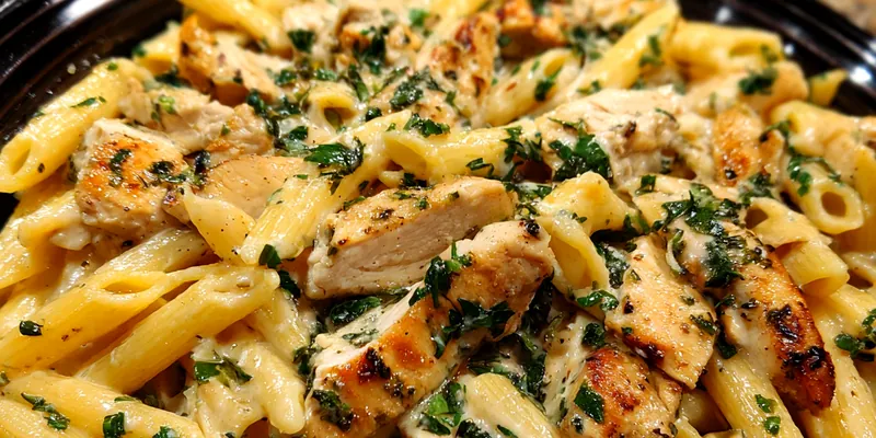 A beautiful serving of Creamy Chicken Delight with chicken, mushrooms, and spinach in a creamy sauce, served over rice.