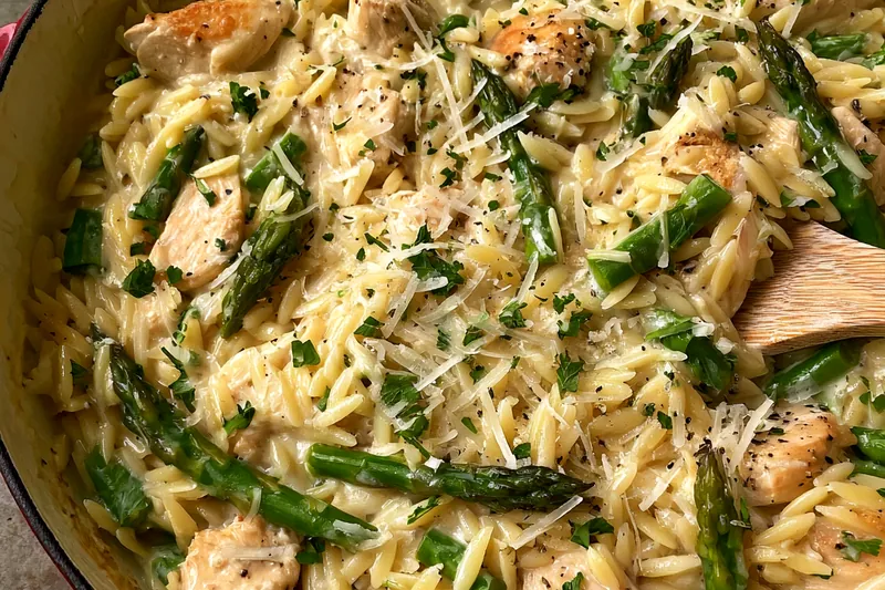 Cooking process for Creamy Chicken Orzo with Asparagus and Parmesan