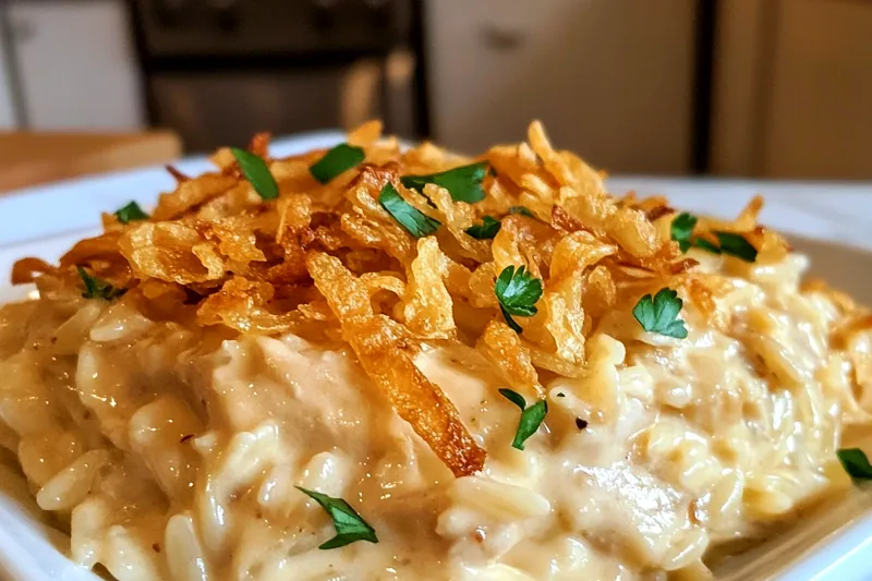 A step-by-step cooking process for Creamy Chicken Orzo Bake, showcasing the comforting dish coming together.