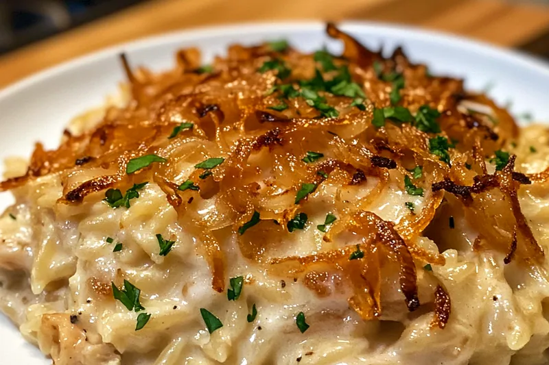 An assortment of fresh ingredients for creamy chicken orzo bake arranged on a kitchen counter.
