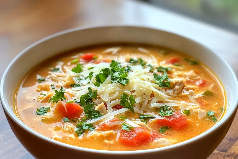 A pot simmering with Comforting Chicken Parmesan Soup, showcasing its creamy texture and vibrant ingredients.