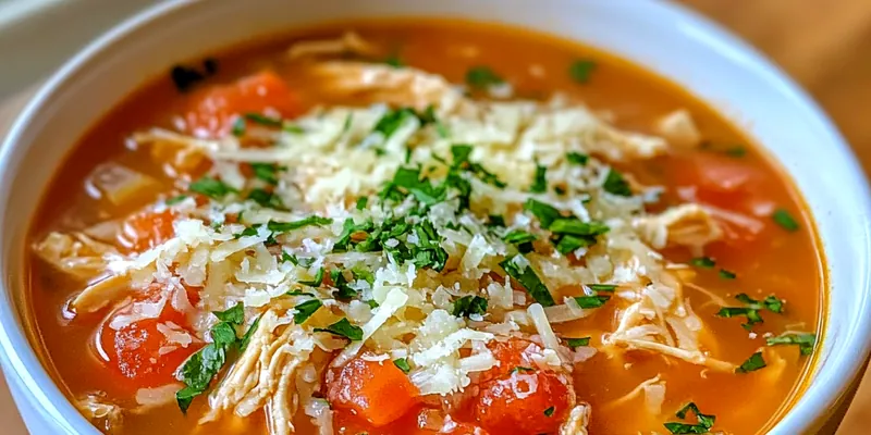 A steaming bowl of Comforting Chicken Parmesan Soup garnished with fresh basil and Parmesan cheese.