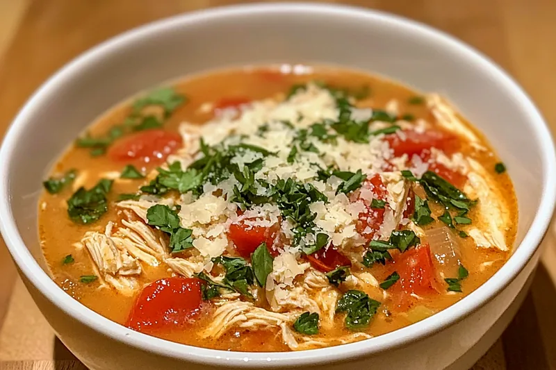 A colorful array of ingredients including chicken, tomatoes, herbs, and pasta for Comforting Chicken Parmesan Soup.