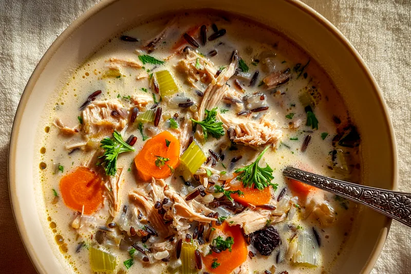 Simmering Creamy Chicken Wild Rice Soup in a large pot with vibrant vegetables.