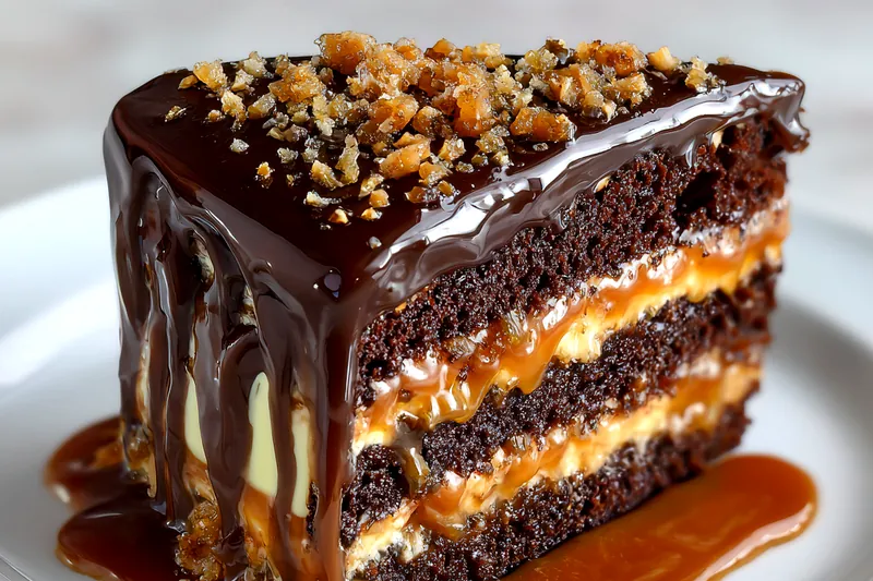 Ingredients for Creamy Chocolate Caramel Toffee Crunch Cake laid out on a wooden table.