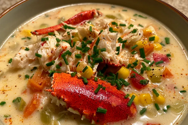 A pot of Creamy Crab Chowder Delight simmering on the stove, showcasing its creamy texture and chunks of crab.