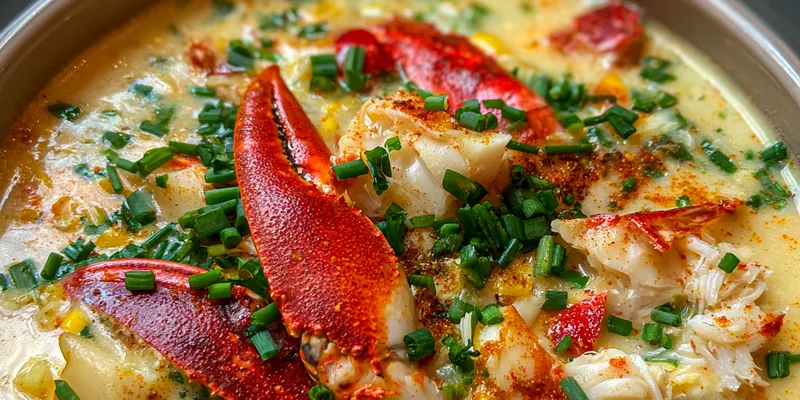 A bowl of Creamy Crab Chowder Delight topped with fresh parsley and served with crusty bread.