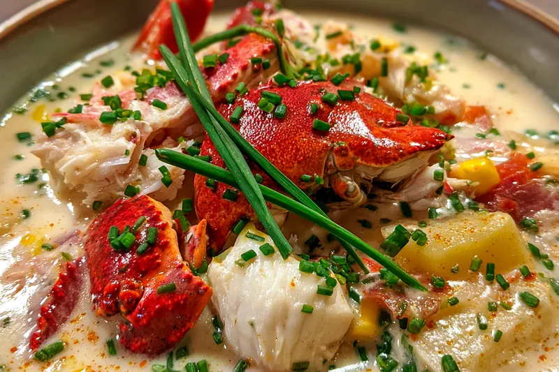 A colorful array of fresh ingredients for Creamy Crab Chowder Delight, including crab meat, potatoes, and herbs.