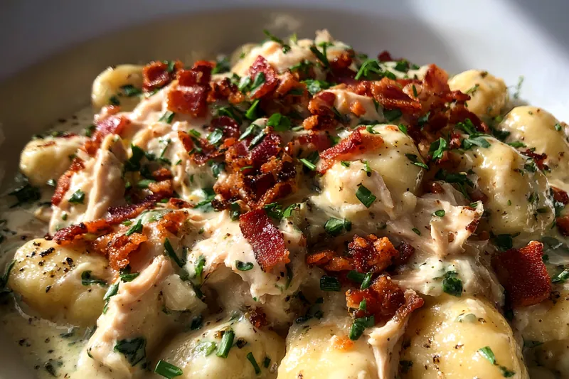 Chef Mitchell stirring the creamy sauce in a skillet, incorporating the chicken and gnocchi for Deluxe Chicken Gnocchi.