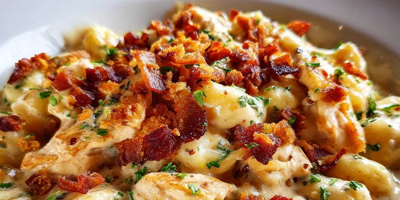 A close-up of Deluxe Chicken Gnocchi topped with Parmesan cheese and fresh herbs, served in a bowl.