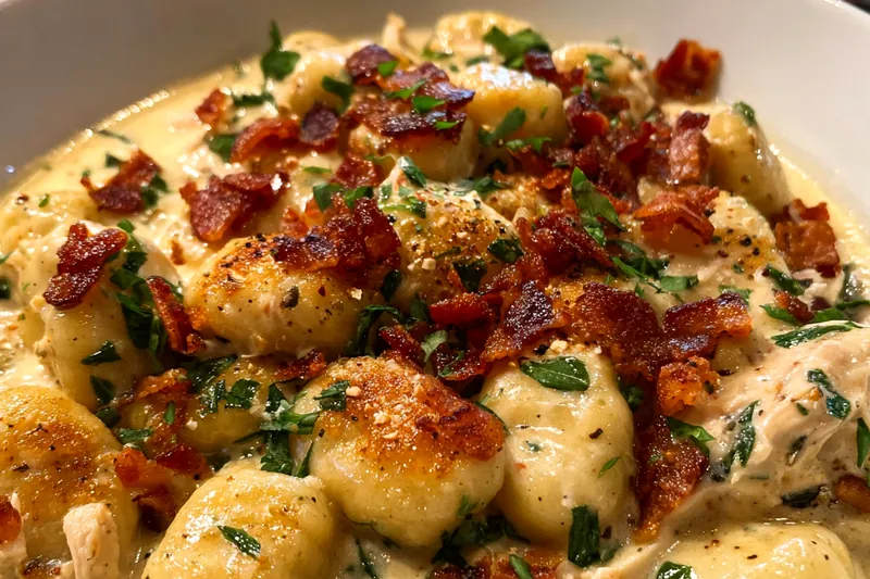 A colorful display of fresh ingredients for Deluxe Chicken Gnocchi including chicken, gnocchi, vegetables, and seasonings.