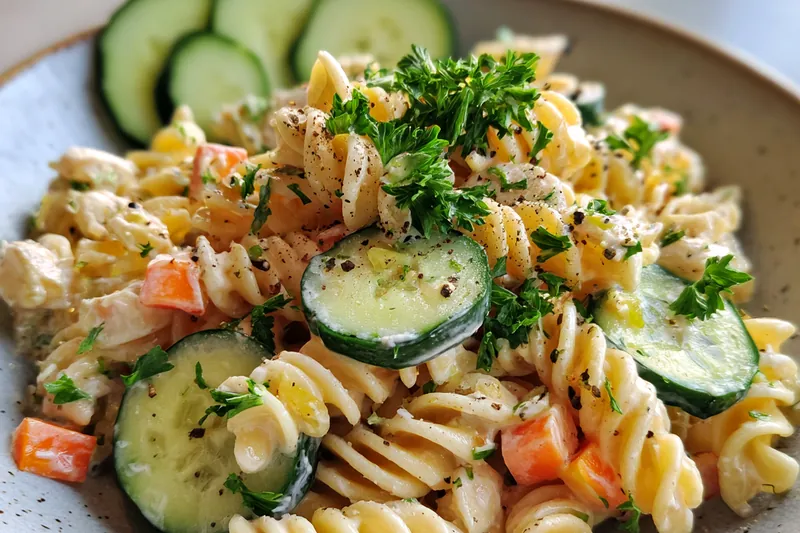 Cooking process for Creamy Cucumber Pasta Salad