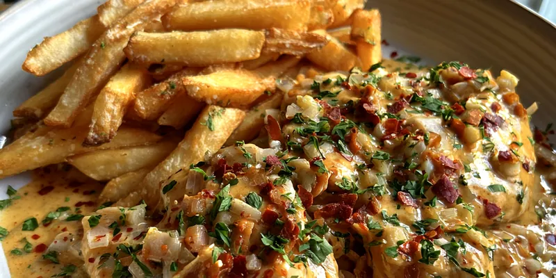 A beautifully plated dish of Creamy Garlic Chicken Delight garnished with parsley, served on a rustic wooden table.