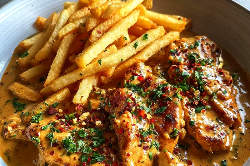 A vibrant display of fresh chicken breast, garlic, cream, and herbs ready for Creamy Garlic Chicken Delight.