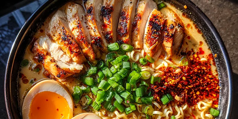 Delicious Creamy Garlic Chicken Ramen served on a plate